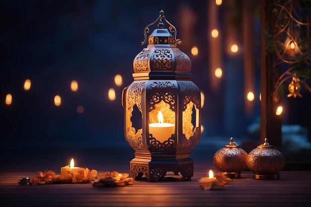 Linterna árabe ornamental con vela encendida que brilla por la noche Tarjeta de felicitación festiva invitación para el mes sagrado musulmán Ramadán Kareem