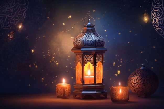 Linterna árabe ornamental con vela encendida que brilla por la noche Tarjeta de felicitación festiva invitación para el mes sagrado musulmán Ramadán Kareem