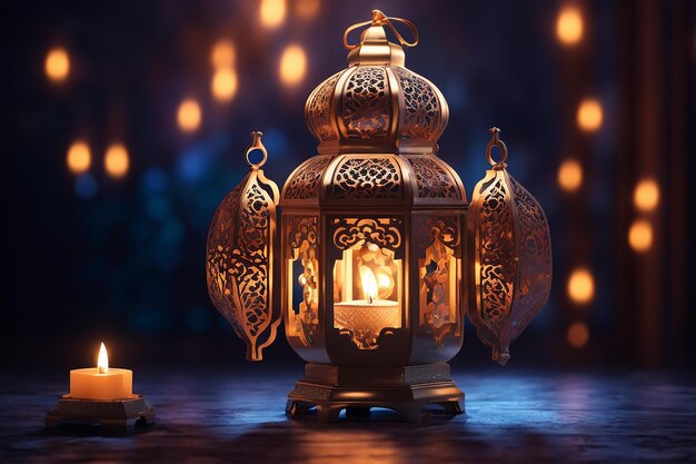 Linterna árabe ornamental con vela encendida que brilla por la noche Tarjeta de felicitación festiva invitación para el mes sagrado musulmán Ramadán Kareem