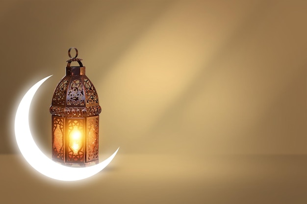 Linterna árabe ornamental con velas encendidas que brillan intensamente. Tarjeta de felicitación festiva, invitación para musulmanes.