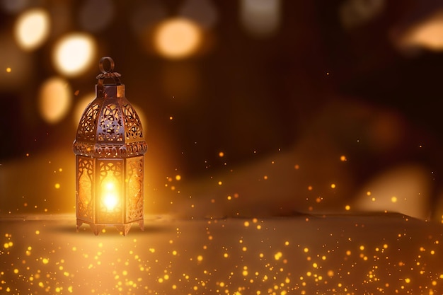 Linterna árabe ornamental con velas encendidas que brillan intensamente. Tarjeta de felicitación festiva, invitación para musulmanes.