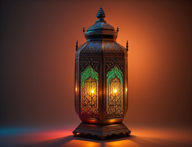 Una linterna árabe ornamental con vidrio de colores que brilla sobre un fondo oscuro un saludo para Ramada
