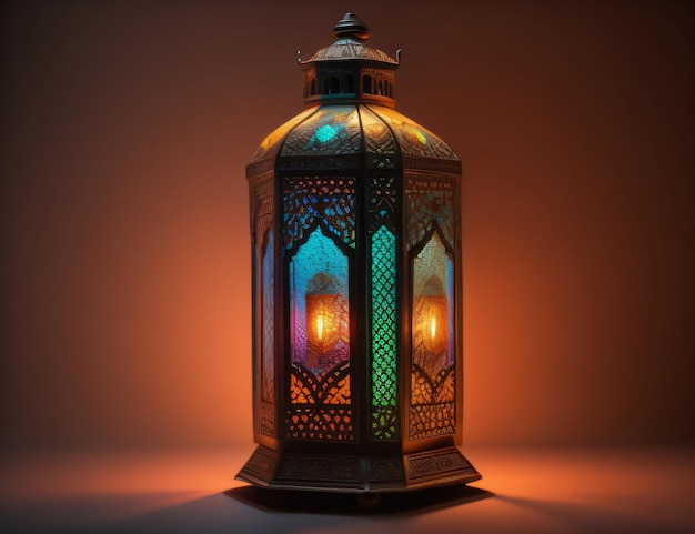 Una linterna árabe ornamental con vidrio de colores que brilla sobre un fondo oscuro un saludo para Ramada