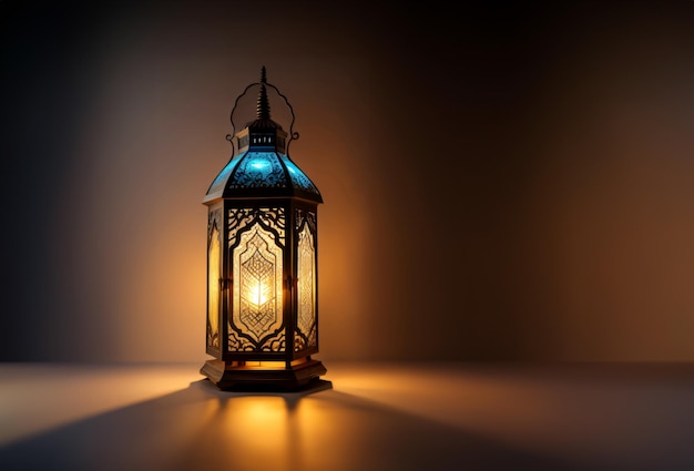 Una linterna árabe ornamental con vidrio colorido brillando sobre un fondo oscuro un saludo para Ramada