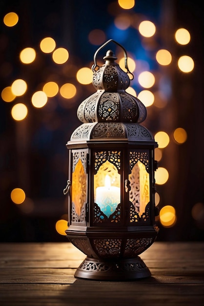 Linterna árabe de Ramadan Kareem con vela ardiente y luces bokeh en el fondo Ai generativo