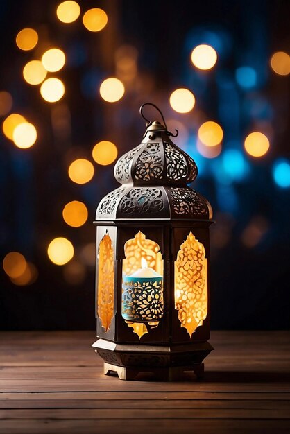 Linterna árabe de Ramadan Kareem con vela ardiente y luces bokeh en el fondo Ai generativo