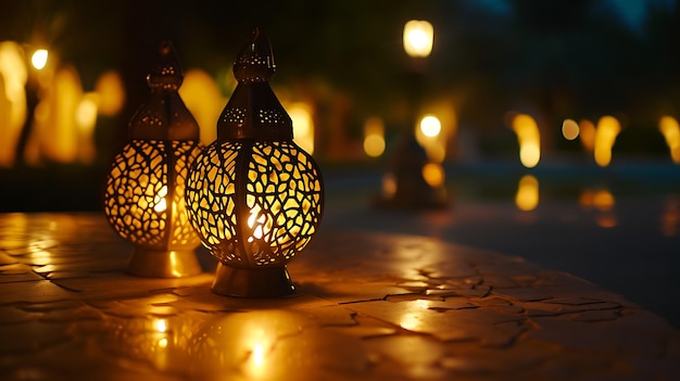 Linterna árabe tradicional encendida para celebrar el mes sagrado del Ramadán Luminarias de Bokeh que rodean el concepto del Ramadan