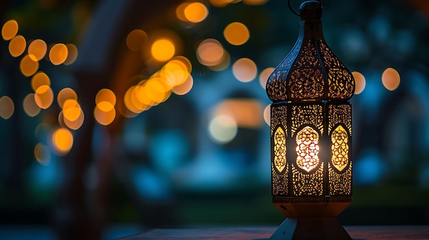 Linterna árabe tradicional encendida para celebrar el mes sagrado del Ramadán Luminarias de Bokeh que rodean el concepto del Ramadan