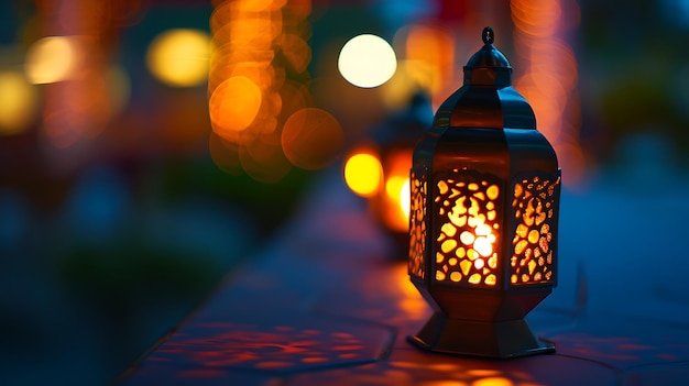 Linterna árabe tradicional encendida para celebrar el mes sagrado del Ramadán Luminarias de Bokeh que rodean el concepto del Ramadan