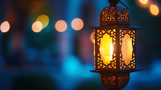 Foto linterna árabe tradicional encendida para celebrar el mes sagrado del ramadán luminarias de bokeh que rodean el concepto del ramadan