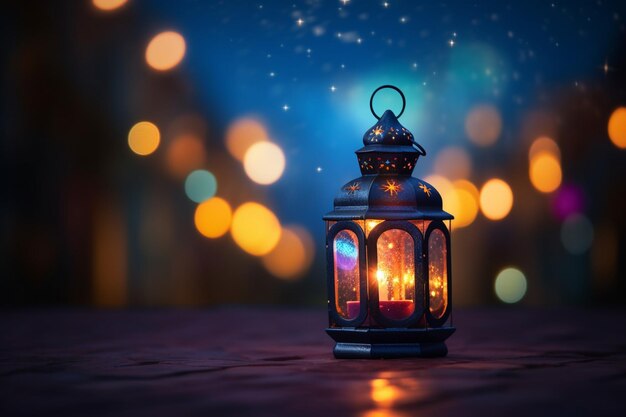 linterna árabe con vela ardiente y luces bokeh en el fondo ramadán