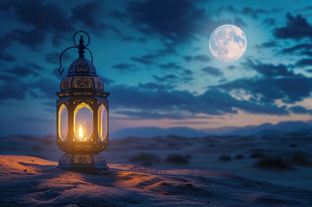 linterna árabe con vela encendida brillando por la noche luna sobre el desierto de arena Ramadán