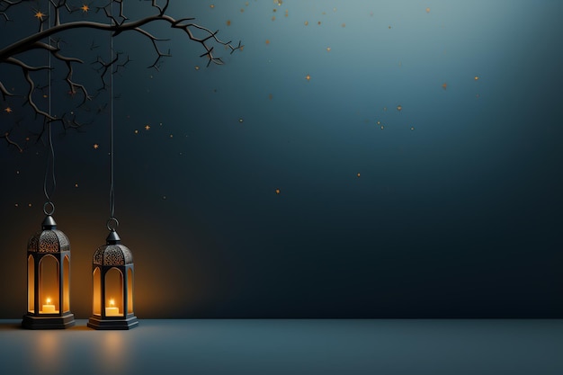 Linterna árabe con vela encendida celebración del Ramadán Kareem