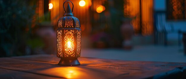 Linterna árabe con una vela encendida que brilla por la noche es una invitación para el Ramadán Kareem