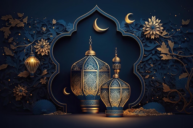Linterna árabe con vela encendida Ramadán Kareem banner de fondo Fiesta islámica IA generativa