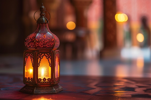 Foto linterna árabe con vela en el fondo de la mezquita para el ramadán