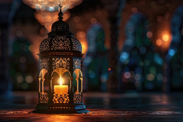 Linterna árabe con vela en la mezquita para la tarjeta de felicitación de Ramadán