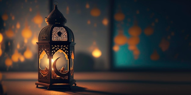 Foto linterna árabe con velas encendidas y luces bokeh en el fondo ramadán ia generativa