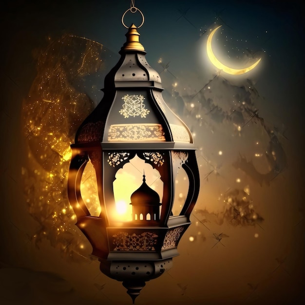 Linterna ardiente colgada alrededor de la decoración de polvo de oro luna media Linterna como símbolo del Ramadán para los musulmanes