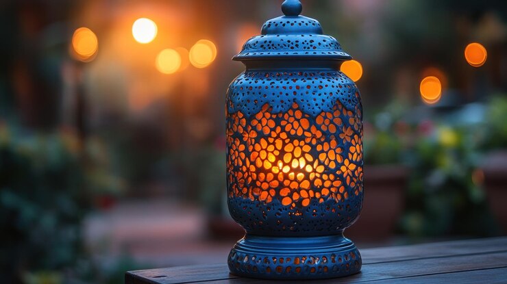 Linterna azul decorativa con luz cálida iluminada por la noche en superficie de madera con fondo borroso