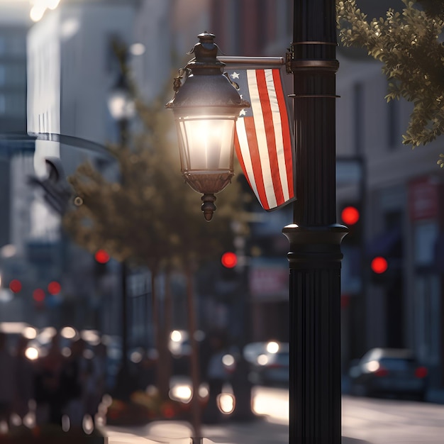 Foto linterna con bandera estadounidense en el fondo de la calle