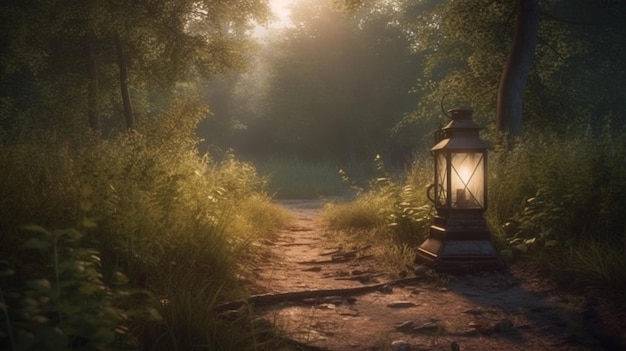 Linterna en el bosque por la noche generativa ai