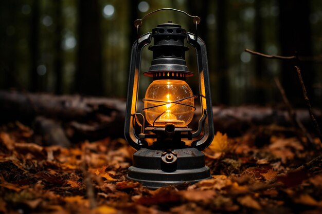 Foto linterna en el bosque sobre un fondo de hojas de otoño