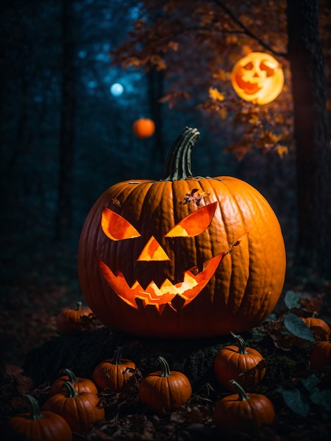 Linterna de cabeza de calabaza de Halloween con fondo de bosque