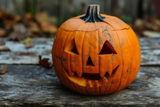 Linterna de cabeza de calabaza de Halloween en un fondo de madera