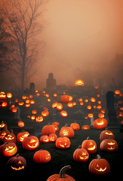 Linterna de cabeza de calabaza de Halloween con velas encendidas. Calabazas en el cementerio en la noche espeluznante