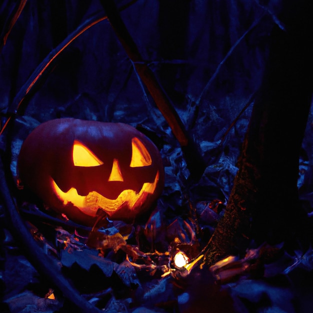 Linterna de cabeza de calabaza de Halloween con velas encendidas en A Mystic Forest At Night