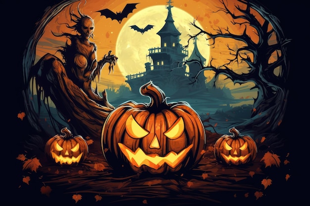 Linterna de cabeza de calabaza de Halloween con velas encendidas Spooky Forest