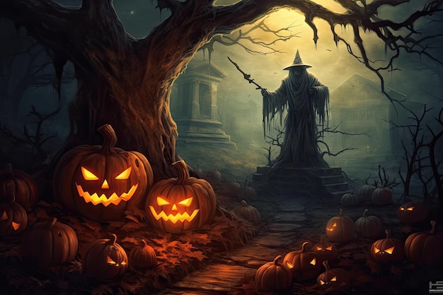 Linterna de cabeza de calabaza de Halloween con velas encendidas Spooky Forest