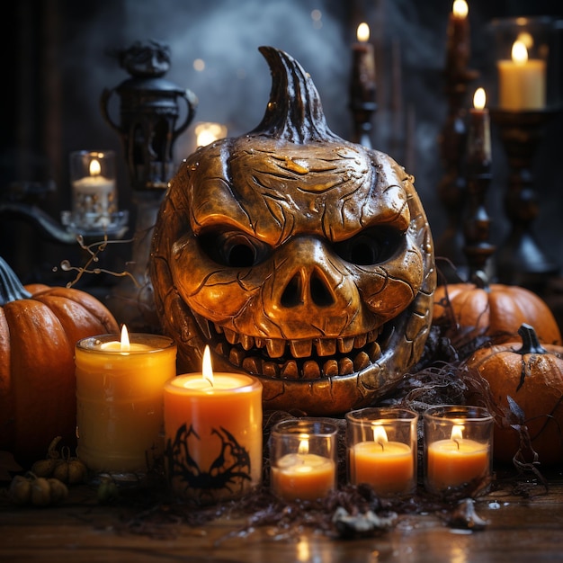 Linterna de cabeza de calabaza de Halloween con velas encendidas