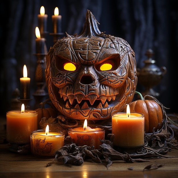 Linterna de cabeza de calabaza de Halloween con velas encendidas