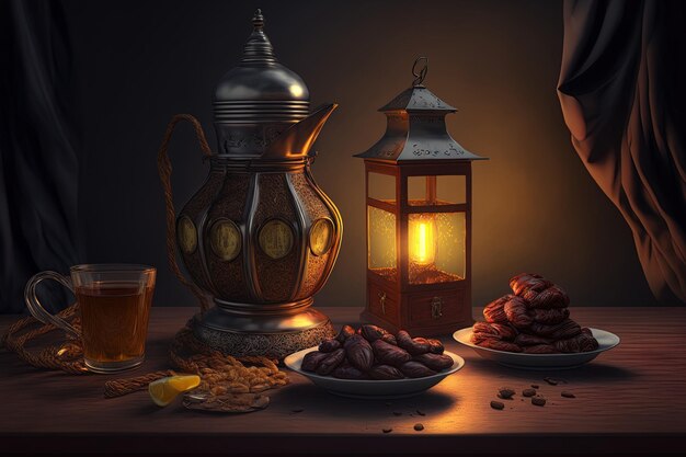 Linterna cafetera árabe y dátiles en un Ramadán kareem