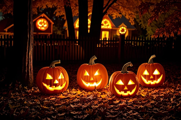 Linterna de calabaza brillante ilumina la espeluznante noche de Halloween de otoño