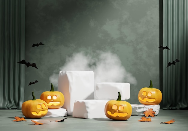 Linterna de calabaza de Halloween y podio de exhibición de productos renderizado 3D