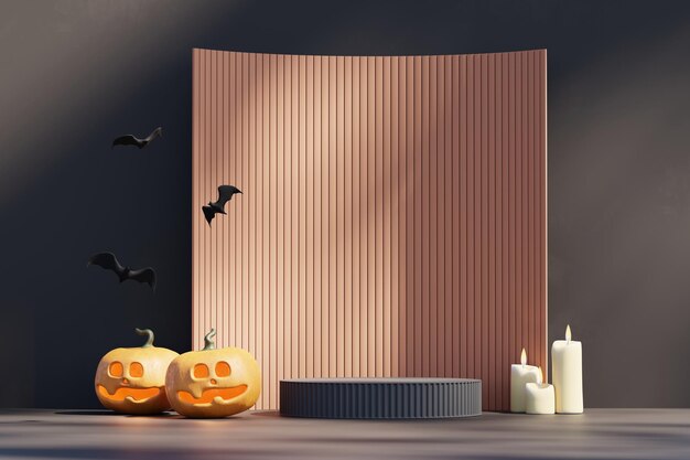 Linterna de calabaza de Halloween y podio de exhibición de productos renderizado 3D