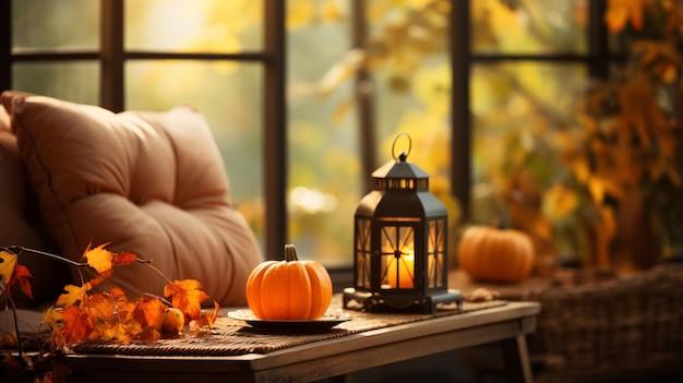 Linterna de calabaza de Halloween tallada en la chimenea en el interior del salón decorado con calabazas