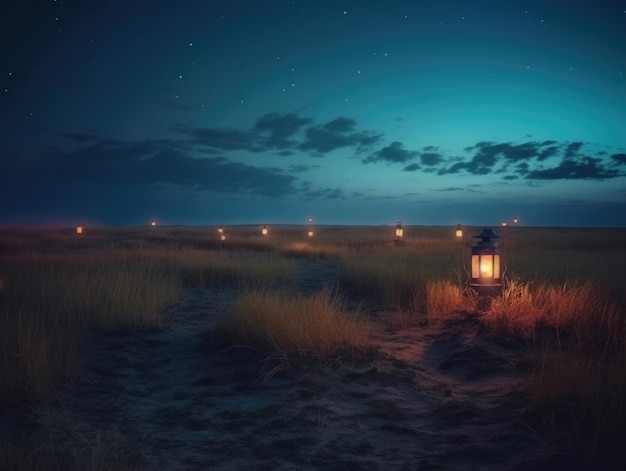 Una linterna en un campo con el cielo nocturno y las estrellas.