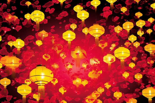 Foto linterna china dorada en fondo floral rojo papel tapiz de año nuevo