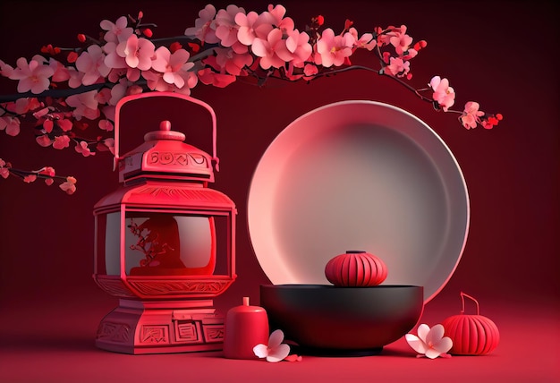 Linterna china de flor de cerezo y fondo de pan rojo para la presentación del producto Ai generativo