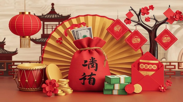una linterna china roja y dorada con una bandera roja que dice dinero