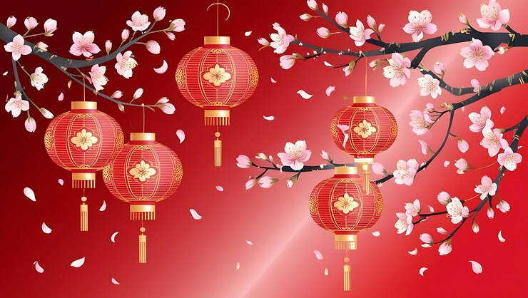 Una linterna china roja con linternas chinas en la parte superior