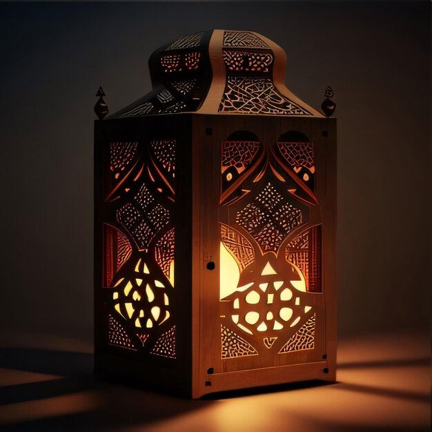 Linterna cuadrada elegantemente decorada que brilla sobre un fondo oscuro Linterna como un símbolo del Ramadán para los musulmanes