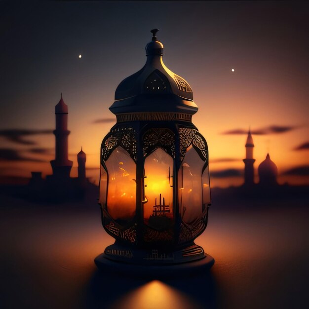 Linterna decorada en llamas contra el fondo de la torre de la mezquita al atardecer Linterna como un símbolo del Ramadán para los musulmanes
