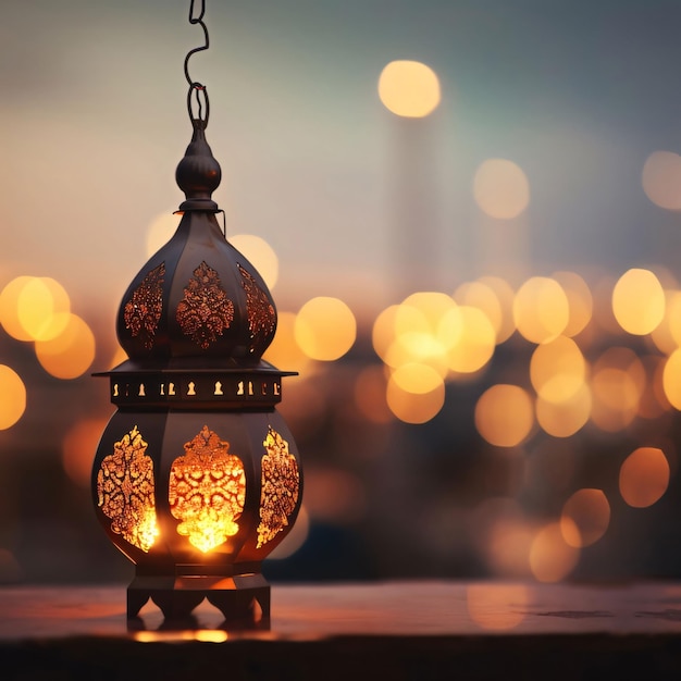 Linterna decorada con oro ardiente en fondo borroso con efecto bokeh Linterna como símbolo del Ramadán para los musulmanes bandera con espacio para su propio contenido