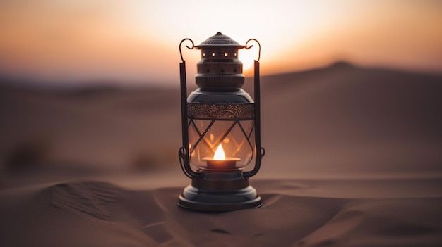 Una linterna en el desierto al atardecer.