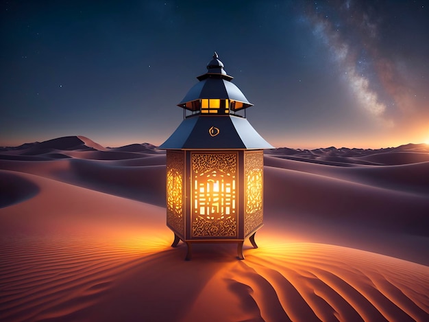 Una linterna en el desierto con la luna al fondo